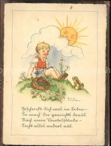 Kuenstlerkarte Liesel Lauterborn Kind Frosch Hut Blumen Sonne  Kat. Kuenstlerkarte