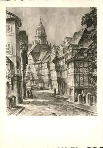 Hannoversch Muenden Lange Strasse von der alten Werrabruecke Kuenstlerkarte Kat. Hann. Muenden