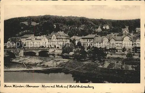 Hann. Muenden Blume mit Blick auf Hotel Andreesberg Weser Bruecke Kat. Hann. Muenden