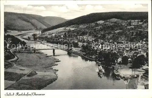 Bad Karlshafen Blick ueber die Weser Bruecke Dampfer Solbad Kat. Bad Karlshafen