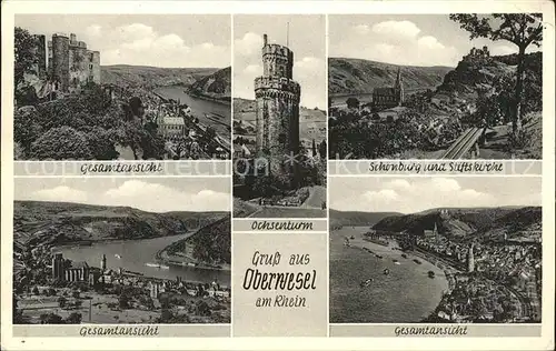 Oberwesel Rhein Gesamtansicht Ochensturm Burg Schoenburg Stiftskirche / Oberwesel /Rhein-Hunsrueck-Kreis LKR