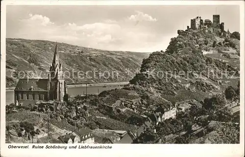 Oberwesel Rhein Ortsansicht mit Liebfrauenkirche Burgruine Schoenburg / Oberwesel /Rhein-Hunsrueck-Kreis LKR