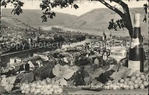 Bingerbrueck Rhein mit Nahemuendung Weinflasche Weintrauben Kat. Bingen am Rhein