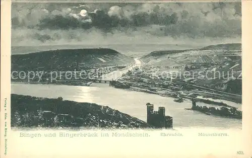 Bingen Rhein und Bingerbrueck Burg Ehrenfels Maeuseturm im Mondschein Kat. Bingen am Rhein