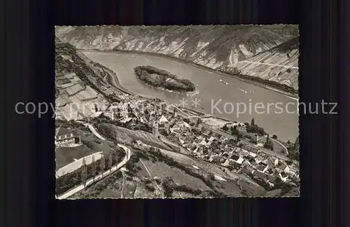 Bacharach Rhein mit Burg Stahleck Insel Fliegeraufnahme Kupfertiefdruck Kat. Bacharach