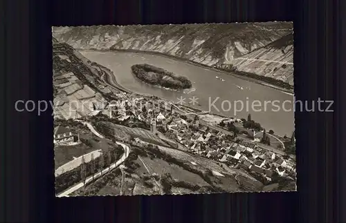 Bacharach Rhein mit Burg Stahleck Insel Fliegeraufnahme Kupfertiefdruck Kat. Bacharach