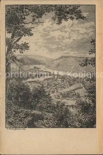 Bingen Rhein Panorama Kuenstlerkarte Federzeichnung M. Schiele Fliedner Kat. Bingen am Rhein