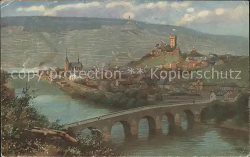 Bingen Rhein mit Burg Klopp und Drususbruecke Kuenstlerkarte H. Hoffmann Kat. Bingen am Rhein