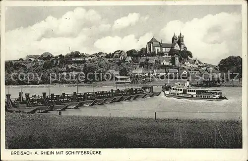 Breisach Rhein mit Schiff Bruecke und Muenster Kat. Breisach am Rhein