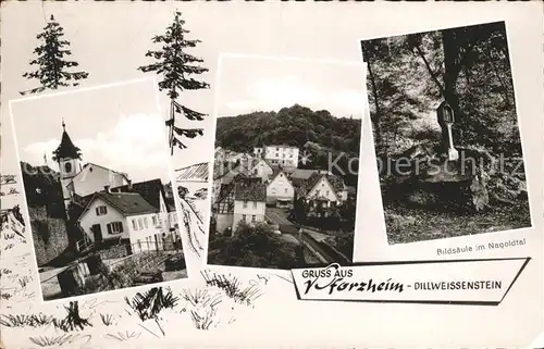 Dillweissenstein Kirche Ortsblick Bildsaeule im Nagoldtal Kat. Pforzheim