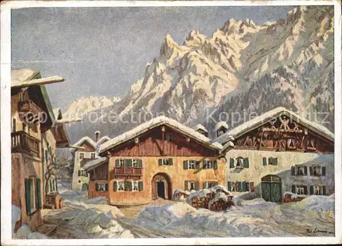 Mittenwald Bayern Alte Bauernhaeuser mit Karwendel Kuenstlerkarte Kat. Mittenwald