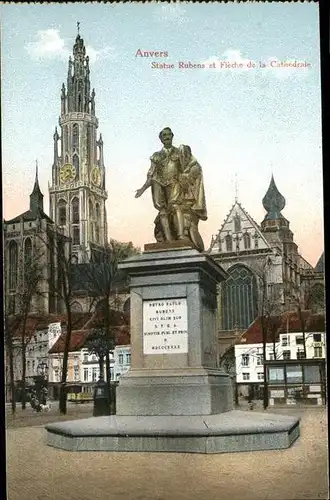 Anvers Antwerpen Statue Rubens et Fleche do la Cathedrale