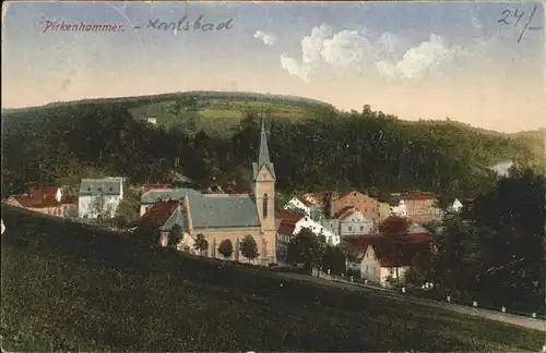 Pirkenhammer Ortsansicht mit Kirche Kat. Karlsbad Tschechische Republik