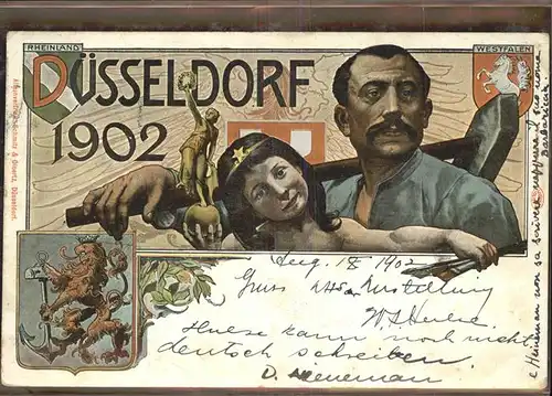 Ausstellung Industrie Gewerbe Kunst Duesseldorf 1902  Wappen Westfalen Rheinland Arbeiter 
