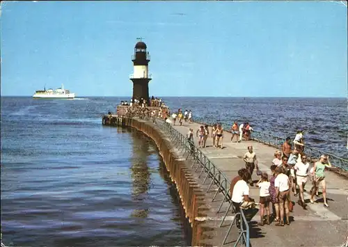 Rostock Warnemuende Mole mit Leuchtturm u.Faehrschiff Kat. Rostock