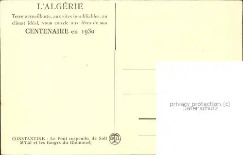Constantine Pont suspendu du Sidi M Cid et les Gorges du Rhummel Fetes du Centenaire en 1930  Kat. Algerien