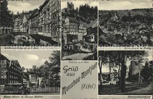 Monschau Montjoie Rurpartie Fachwerkhaeuser Rotes Haus Ruine Haller Freilichtbuehne
 Kat. Monschau