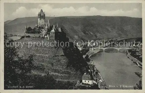 Cochem Mosel Moselpanorama mit Burg von den drei Kreuzen gesehen Kat. Cochem