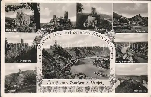 Cochem Mosel Moselpanorama mit Burgen Thurant Ehrenburg Beilstein Bischofstein Marienburg Winneburg Klotten Kat. Cochem