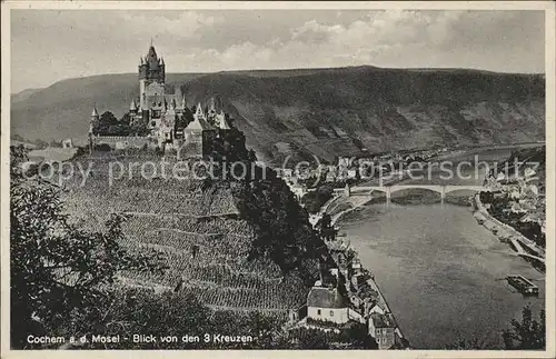 Cochem Mosel Moselpanorama mit Burg von den drei Kreuzen gesehen Kat. Cochem