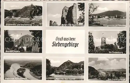 Siebengebirge Burgruine Drachenfels Schloss Drachenburg Ruine Petersberg Godesburg Motiv Bad Honnef Rheininsel Nonnenwerth Kapelle Rhoendorf
 Kat. Koenigswinter