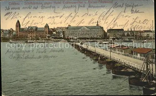 Coblenz Koblenz Schiffsbruecke gegen Hotel Koblenzer Hof und Riesen Fuerstenhof Kat. Koblenz Rhein