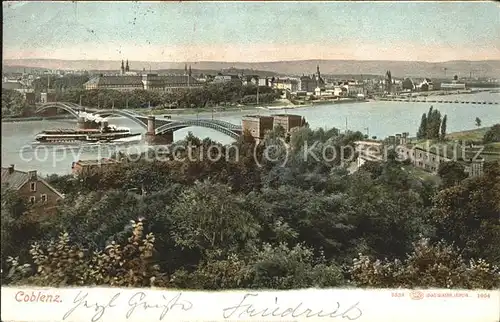Coblenz Koblenz Panorama mit Eisenbahnbruecke Dampfer Kat. Koblenz Rhein