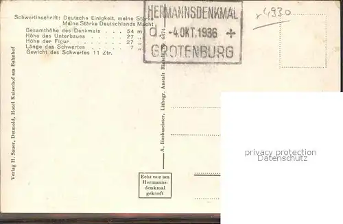 dg30961 Teutoburgerwald Hermanns- Bismarck-Denkmal Kategorie. Detmold Alte Ansichtskarten