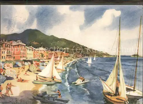 Alassio Strand baddn Segelboote Kuenstlerkarte Kat. 