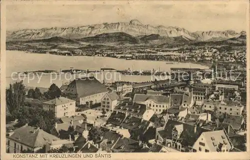 Konstanz Bodensee mit Kreuzlingen und Saentis Appenzeller Alpen Hafen Kat. Konstanz