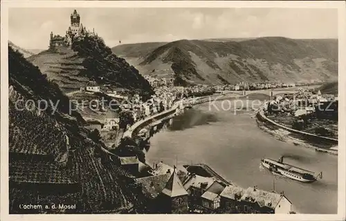 Cochem Mosel Moselpanorama mit Burg und Schiff Kat. Cochem