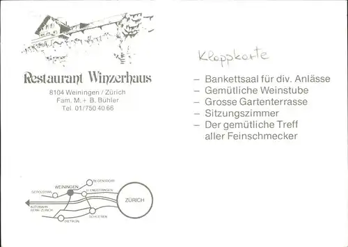 Zuerich Restaurant Winzerhaus Details Klappkarte / Zuerich /Bz. Zuerich City