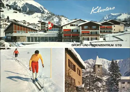 Klosters GR Sport und Ferienzentrum Skilaeufer Kirche Kat. Klosters