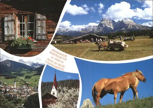 Kastelruth Suedtirol Seiser Alm Fenster eines Bauernhofes Kirche Langkofel Plattkofel Haflingerpferde Dolomiten Kat. Salten Schlern