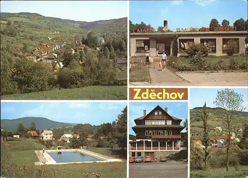 Zdechov Vsetin Celkovy pohled Prodejna Jednoty Koupaliste Hotel Zdechov Horni cast obce Schwimmbad