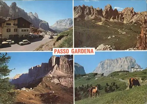 Passo di Gardena mit Berghaus Frara und Alpenpanorama Kat. Italien