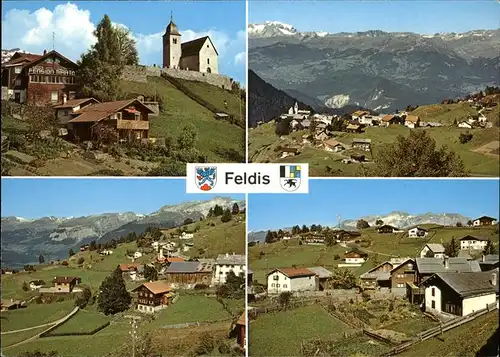 Feldis GR Ortsansicht mit Kirche Alpenpanorama Wappen Kat. Feldis