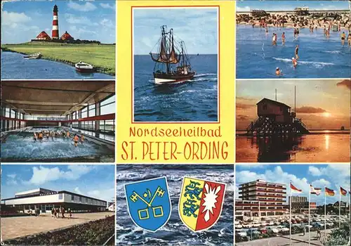 St Peter-Ording Leuchtturm Wellenbad Fischkutter Strand Abendstimmung Wappen / Sankt Peter-Ording /Nordfriesland LKR