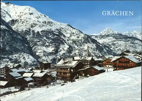 Graechen VS Ortsansicht mit Kirche Bietschhorn Alpenpanorama Wintersportplatz Kat. Graechen