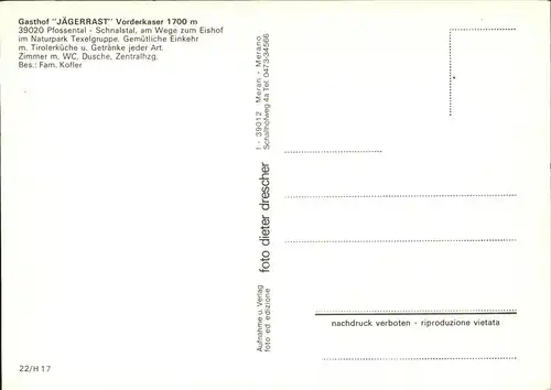 Suedtirol Pfossental Gasthof Jaegerrast Kat. Italien