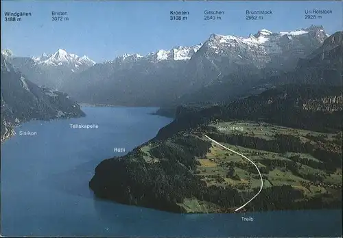 Vierwaldstaettersee SZ mit Seelisberg Treib und Schweizer Alpen Fliegeraufnahme Kat. Brunnen