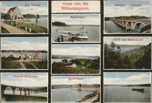 Moehnetalsperre Seehof Motorboot Viadukt Delecke und Kuerbecke Sperrmauer Kat. Sundern (Sauerland)