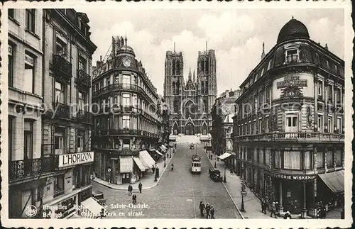 Bruxelles Bruessel Kerk en straat Sainte Qudule Strasenbahn Kat. 