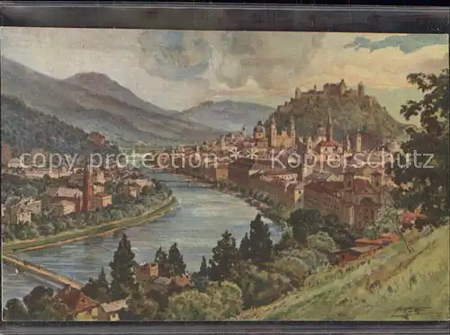 Salzburg Oesterreich Stadtblick von Muelln mit Festung Hohensalzburg Kuenstlerkarte / Salzburg /Salzburg und Umgebung