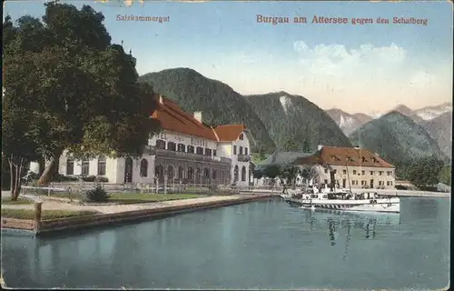 Burgau Attersee Salzkammergut Teilansicht Boot Schafberg