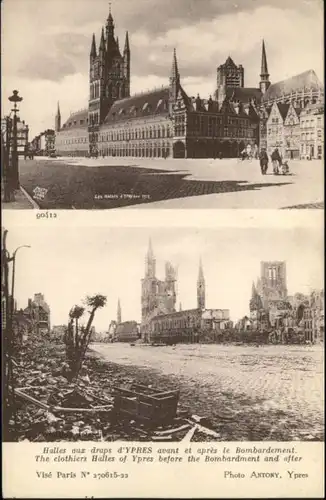 Ypres Halles avant et apres le bombardement *