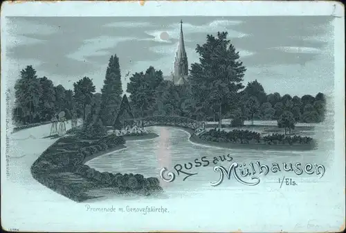 Muelhausen Elsass Promenade Genovefakirche Mondscheinkarte Litho x