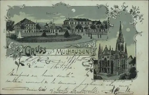 Muelhausen Elsass Bahnhof Kirche Mondscheinkarte Litho x