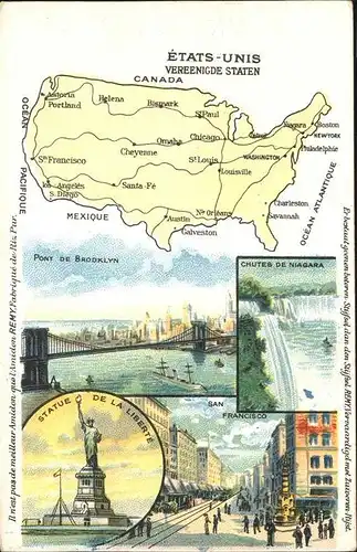 USA uebersichtskarte Niagarafaelle Brooklyn Bridge Freiheitsstatue / United States /