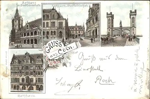 Coeln Rhein Rathaus Stadthausplatz Bibliothek Eisenbahnbruecke Denkmal Pferdedroschke Kat. Koeln